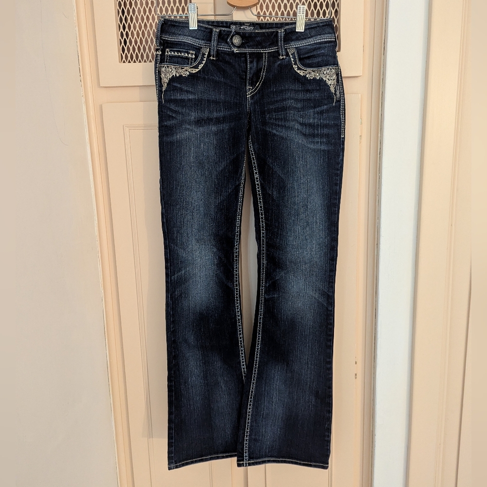 Silver Women's Dark Blue Jeans, Embellished Pockets (27x33)